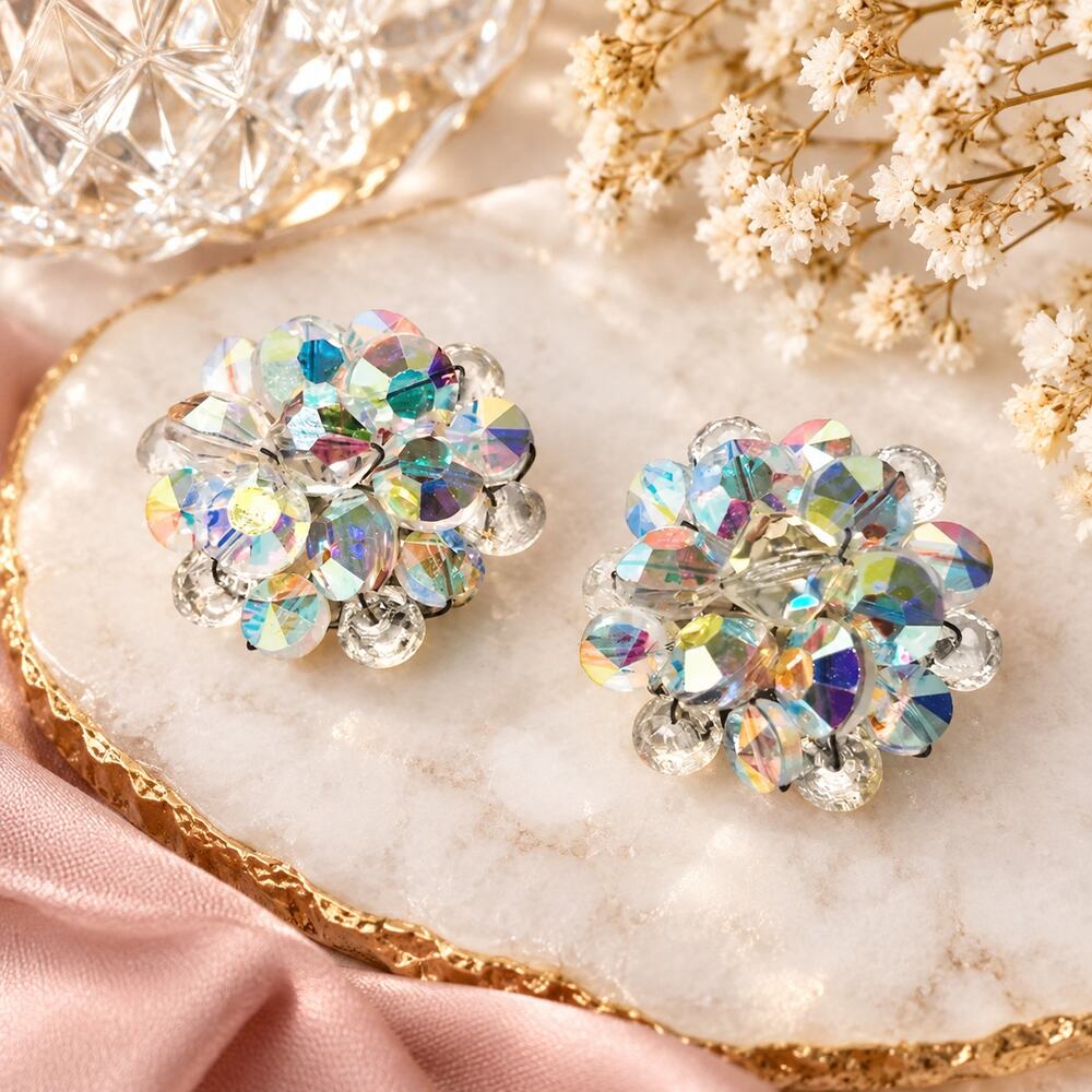 Vintage AB Crystal Clip-On Earrings Iridescent Floral Cluster